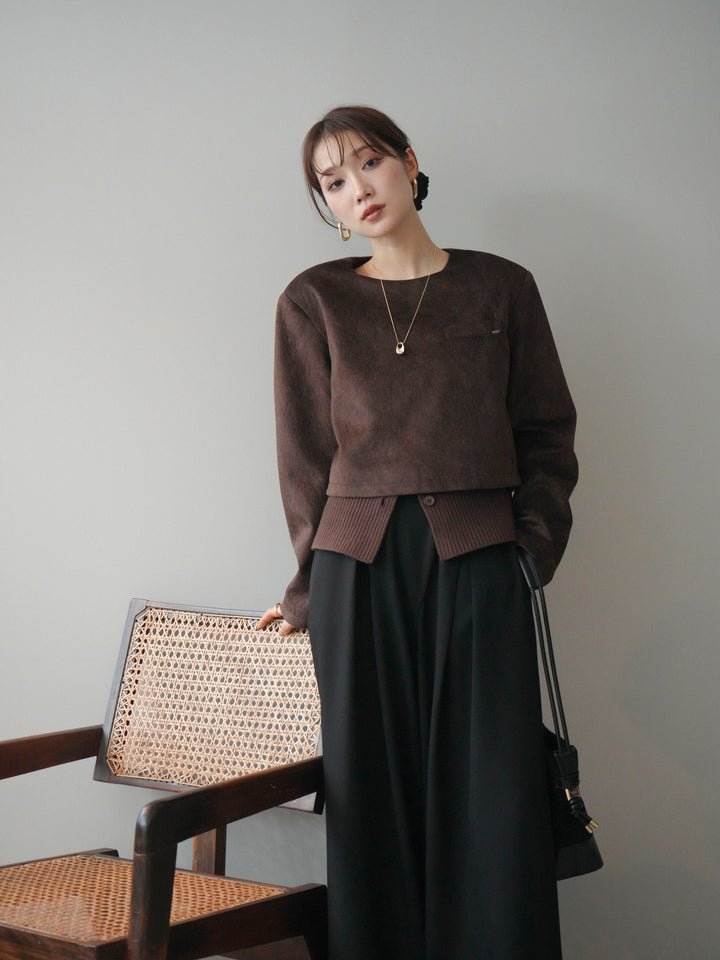 [予約]リブニットレイヤードスエードプルオーバー/brown