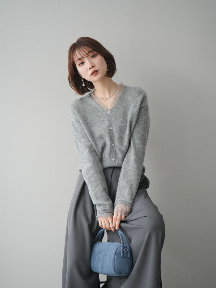 [SET]ドットチュールレイヤードボタンニットトップス+テープベルトタックバギーパンツ(2set)