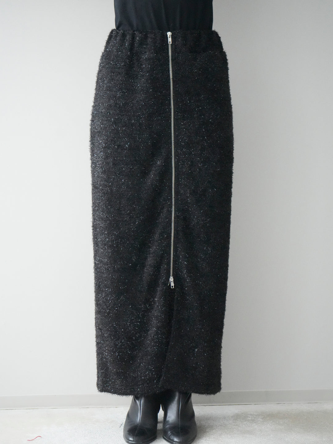 [予約]ラメシャギーフロントジップスカート/black
