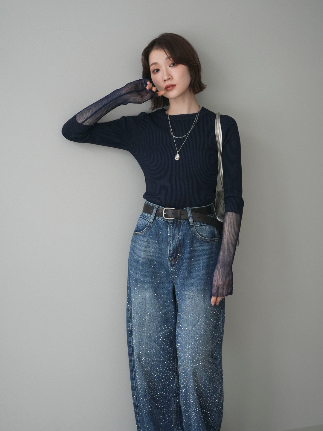 [SET]リブラメシアー切替リブニットトップス+ラインストーンカーブデニムパンツ(2set)