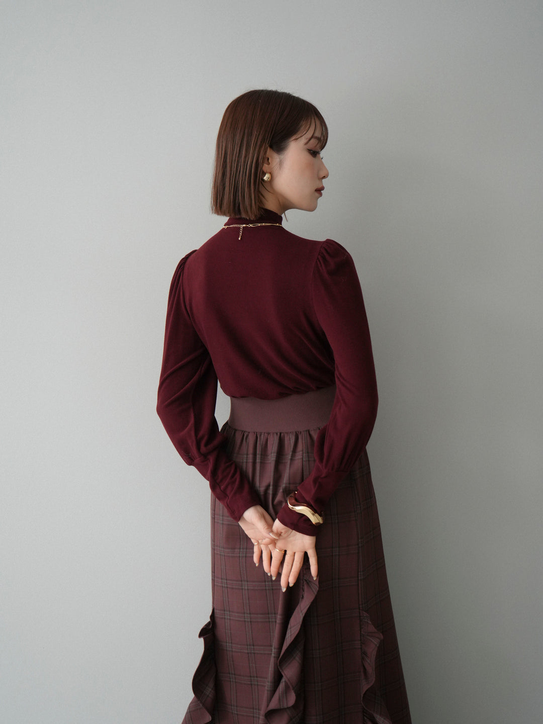 [予約]プチネックパワーショルダー起毛トップス/bordeaux