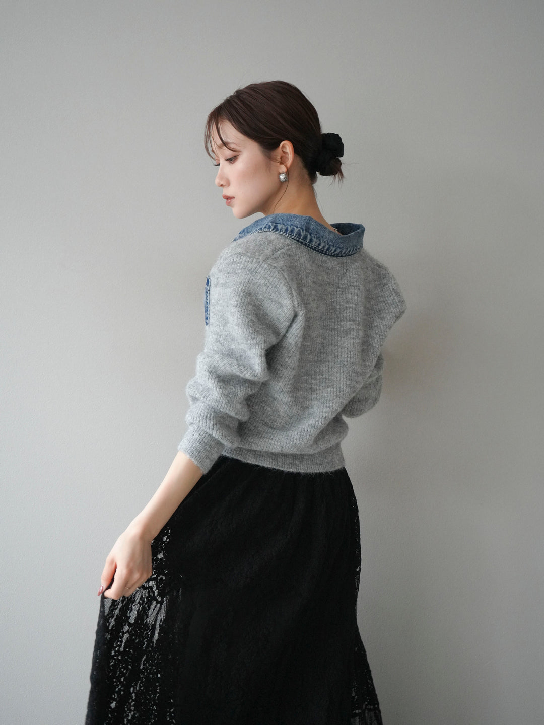 [予約]デニム襟ポケットニットカーディガン/gray