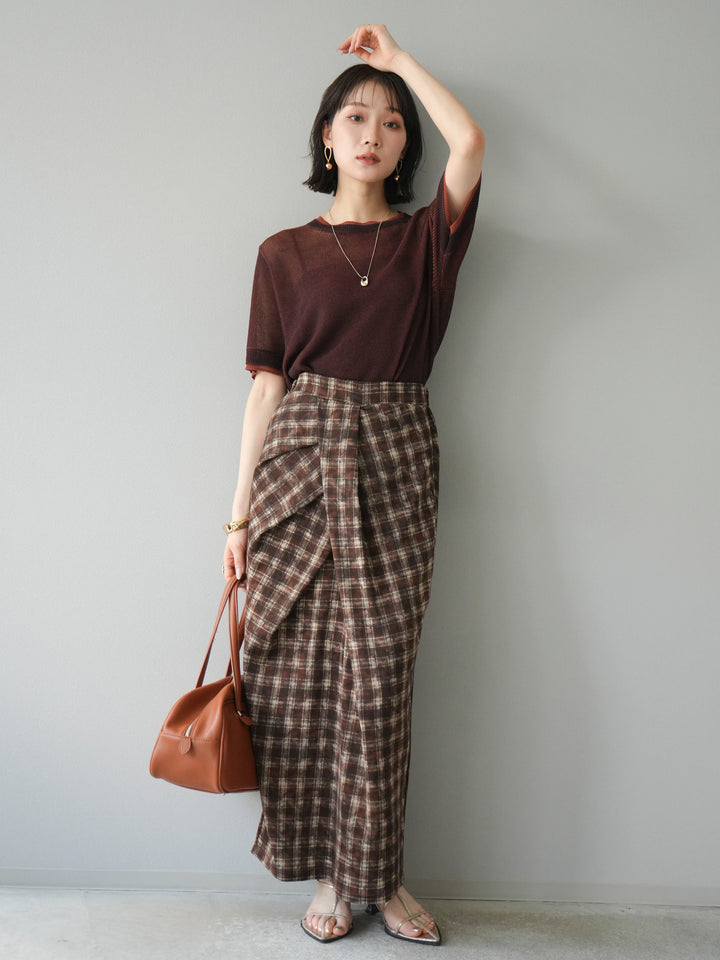 [SET]リネンタッチ配色二重臼ハーフニットトップス+選べるアソート柄スカートセット(2set)