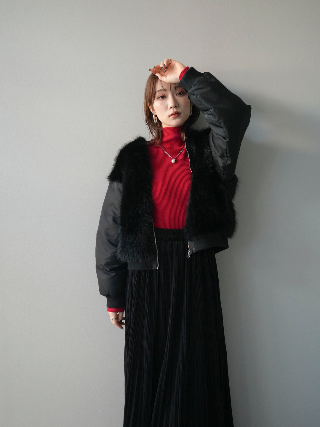 [SET]ファードッキングMA-1+裾レーススウェードプリーツマキシスカート(2set)