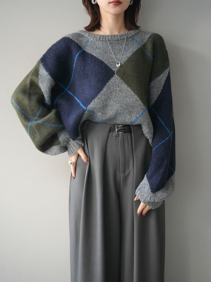 [SET]配色ステッチアーガイル柄ニットプルオーバー+選べるアクセセット(2set)