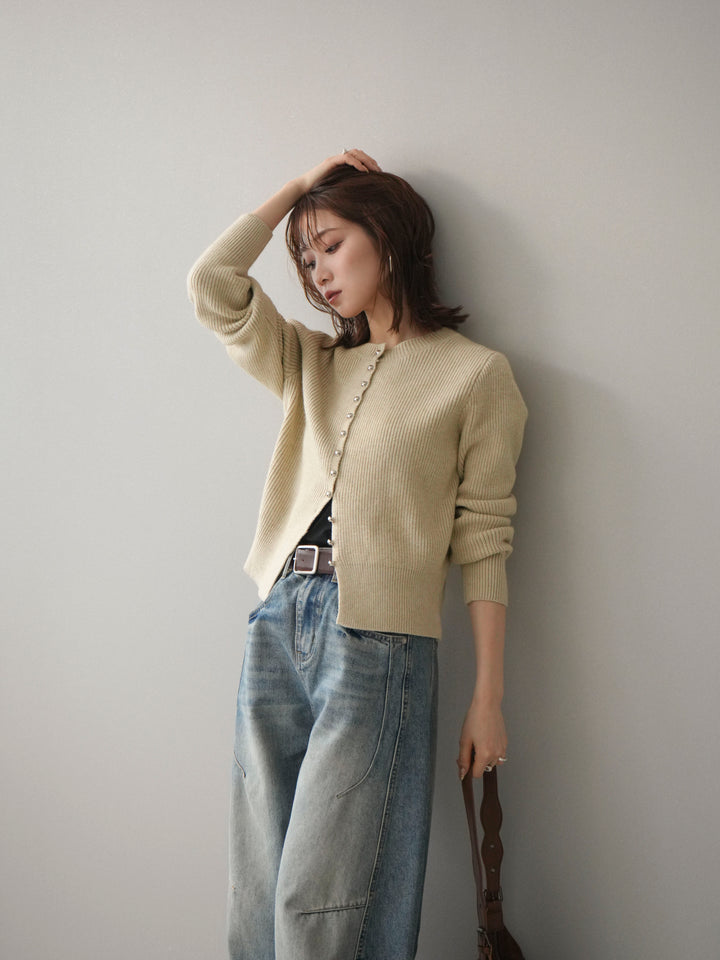 [SET]シルバーボタン畦編みニットカーディガン+ベルト付カーブデニムパンツ(2set)