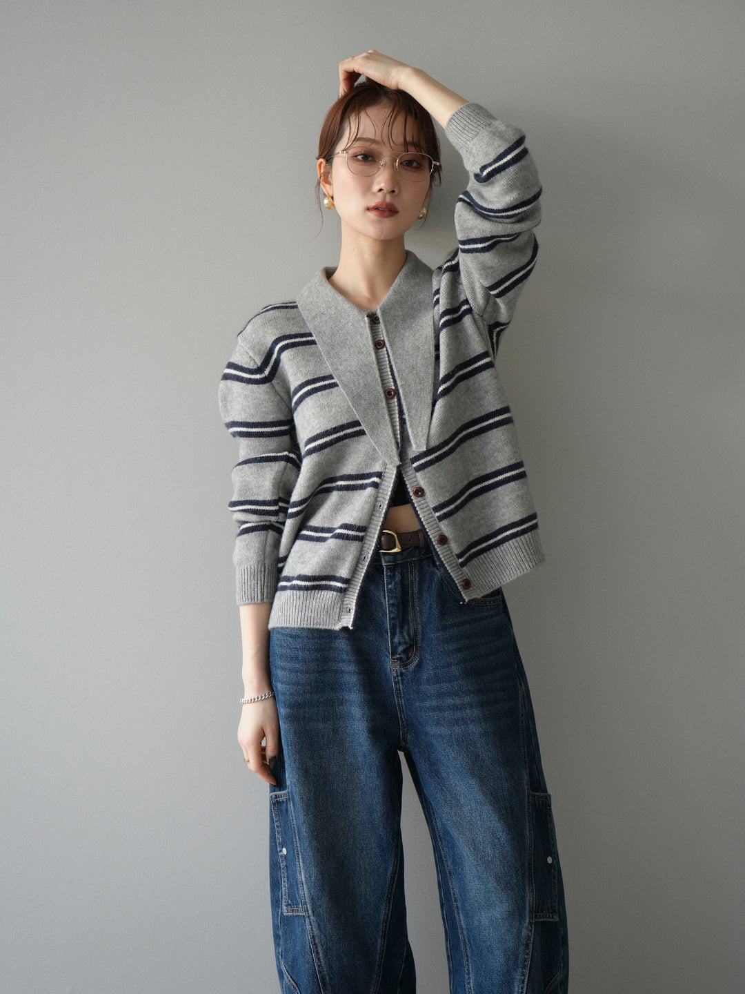 [予約]ボウタイボーダーニットカーディガン/gray