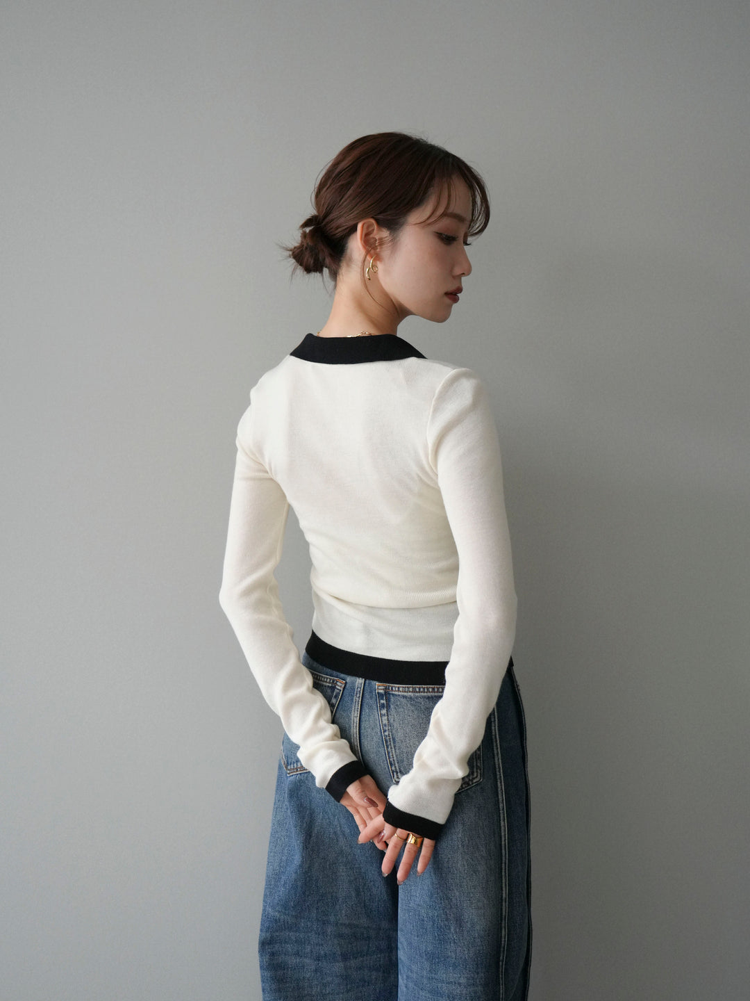 [予約]レイヤード配色ポロニットトップス/beige