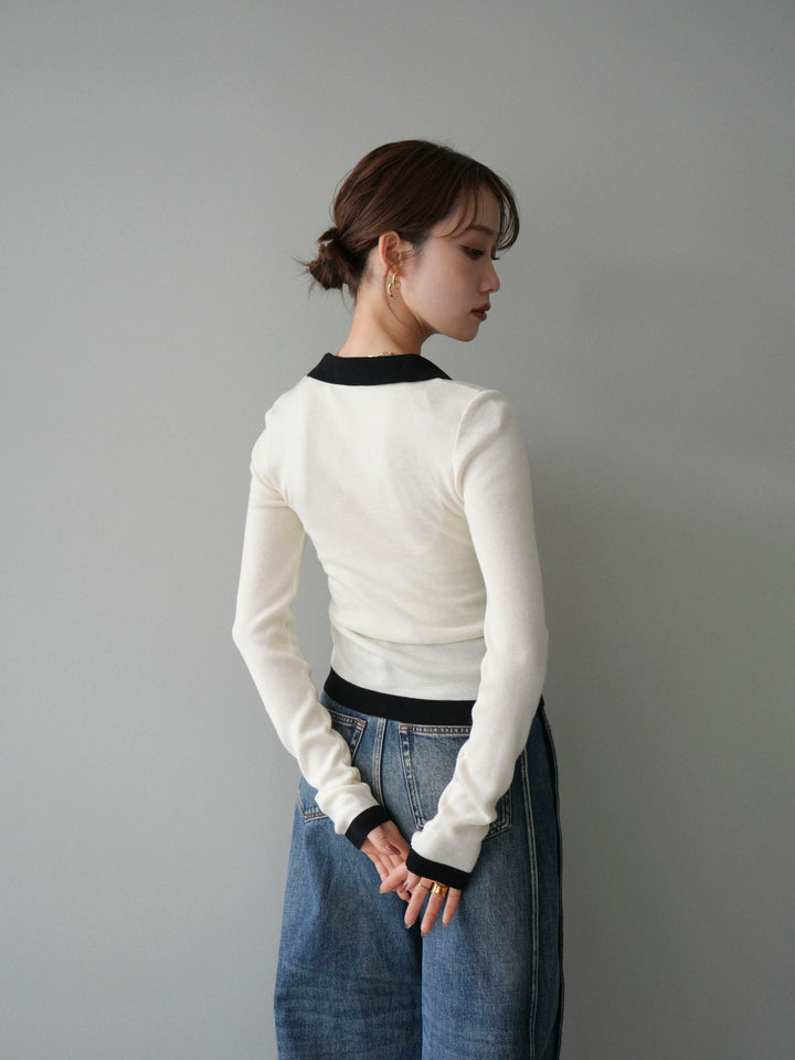 [予約]レイヤード配色ポロニットトップス/beige