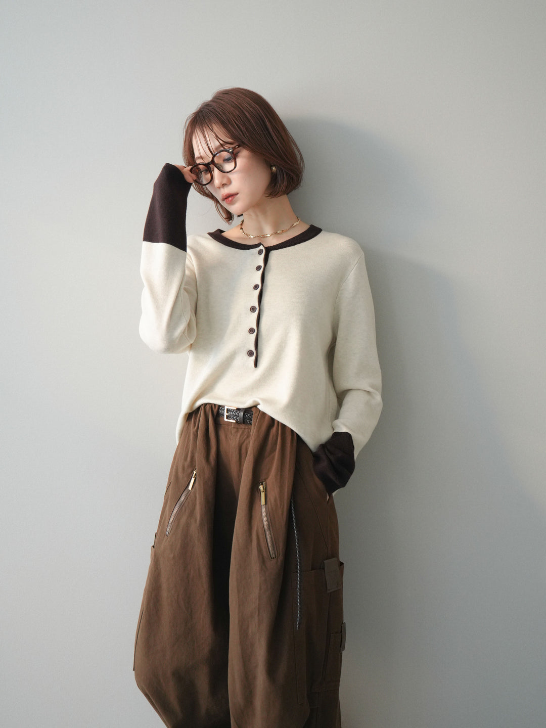 [SET]ヘンリーネック配色ニットソー+コットンタックループパンツ(2set)