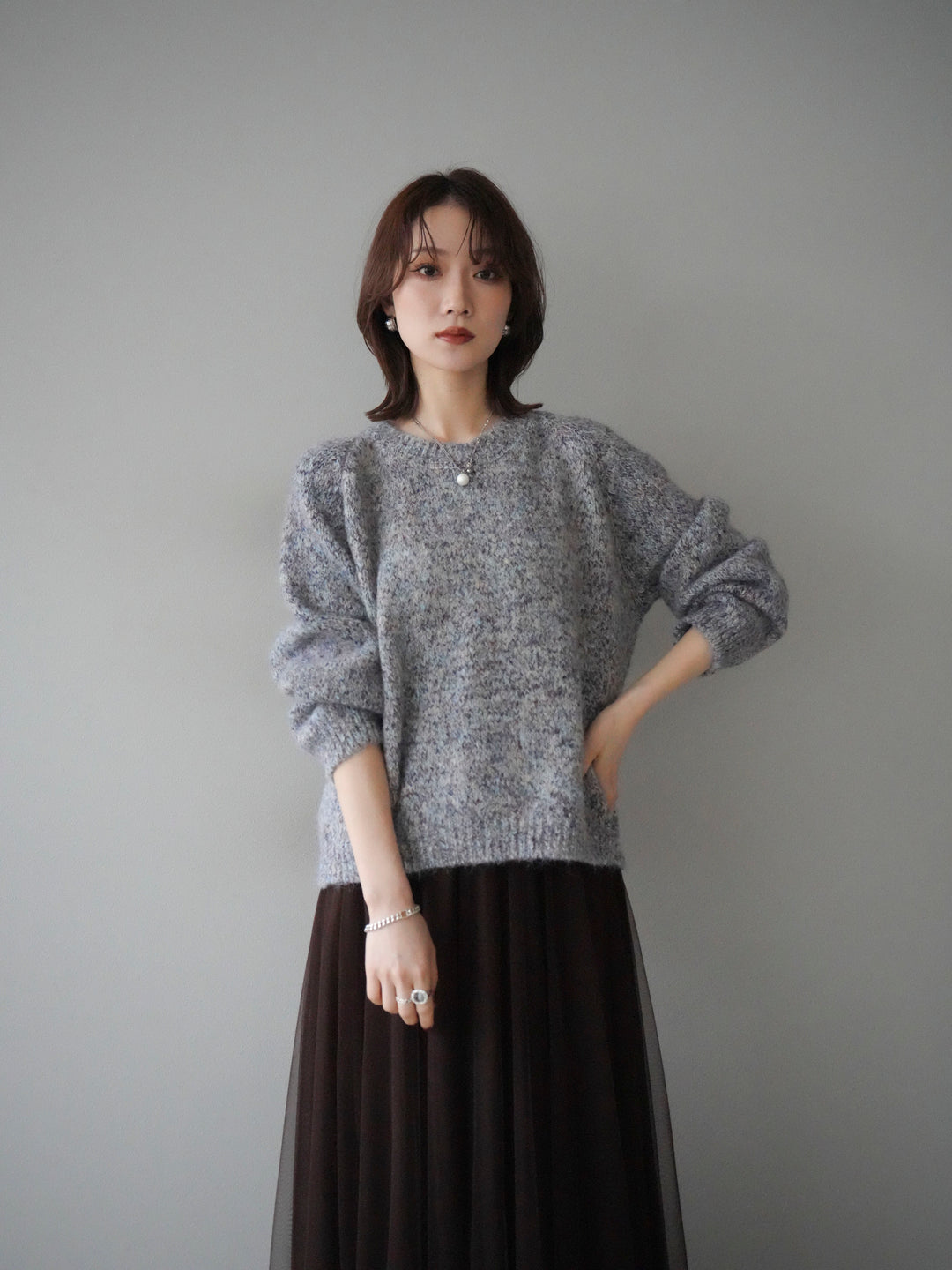 [SET]ロゴラベルミックスヤーンニットプルオーバー+選べるアクセセット(2set)