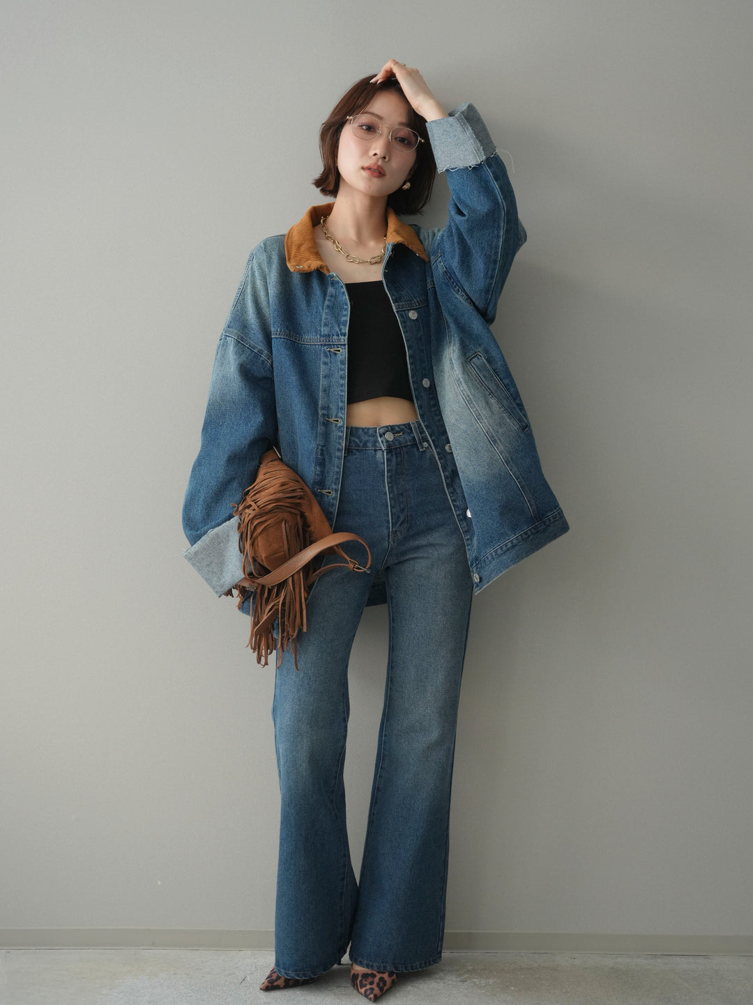 [SET]コーデュロイ×デニムミドルジャケット+フレアデニムパンツ(2set)