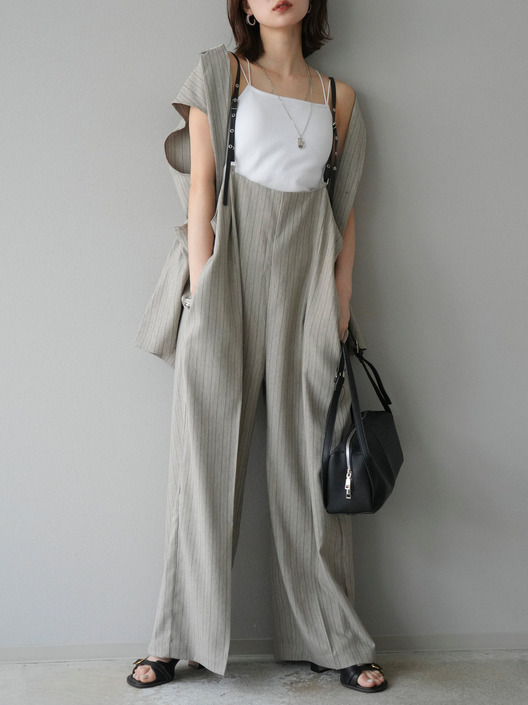 [SET]ヘリンボーンストライプジレ+ヘリンボーンストライプサロペット(2set)