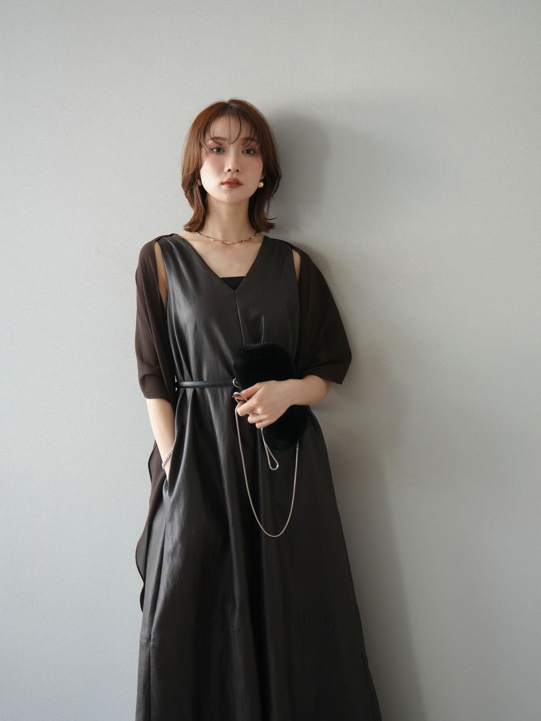 [予約]レザーAラインワンピース/ブラウン