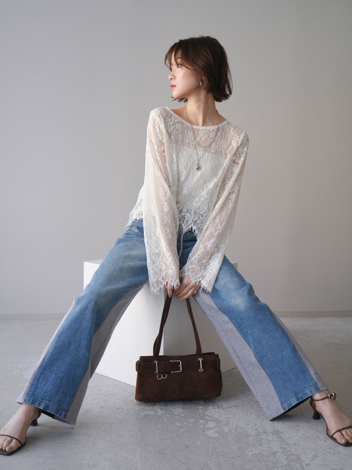 [SET]2WAYスリーブレーストップス+デニム切替スウェットパンツ(2set)