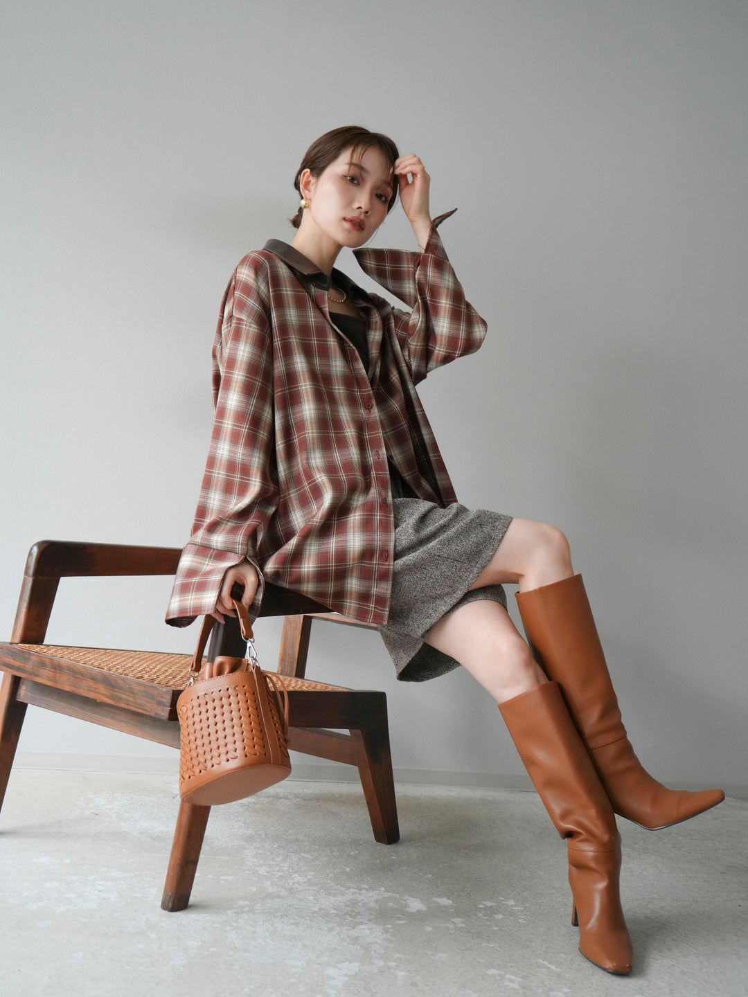 [SET]レザー襟オンブレチェックオーバーシャツ +ツイードハーフパンツ(2set)