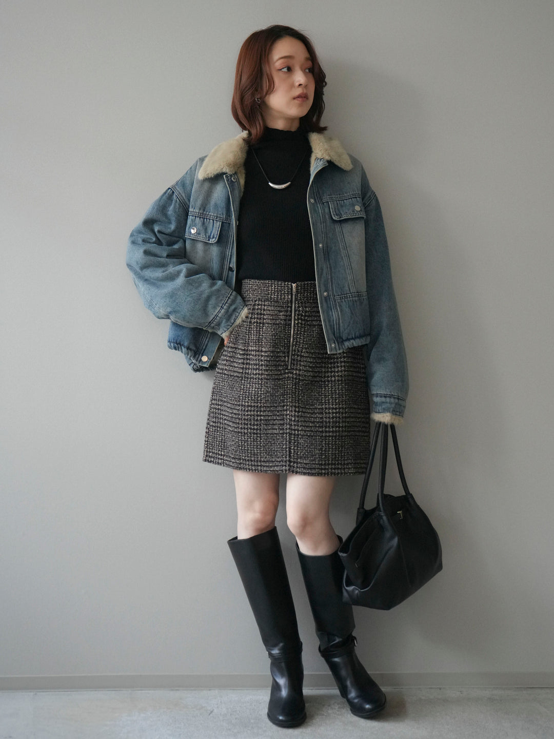 [予約]デニム×ファーステンカラーショートジャケット/lightblue