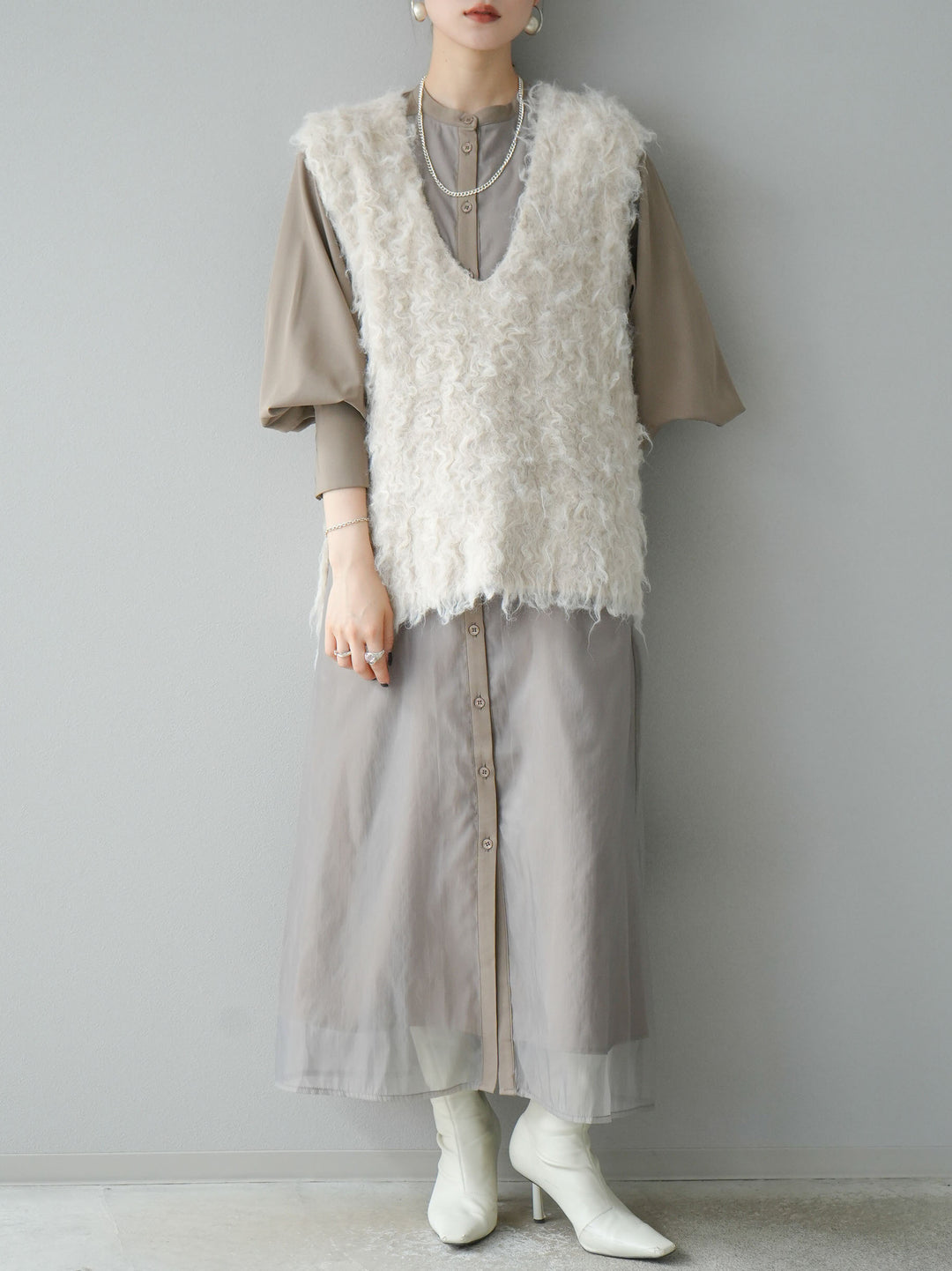 [予約]ウール混ミックスヤーンニットベスト/アイボリー