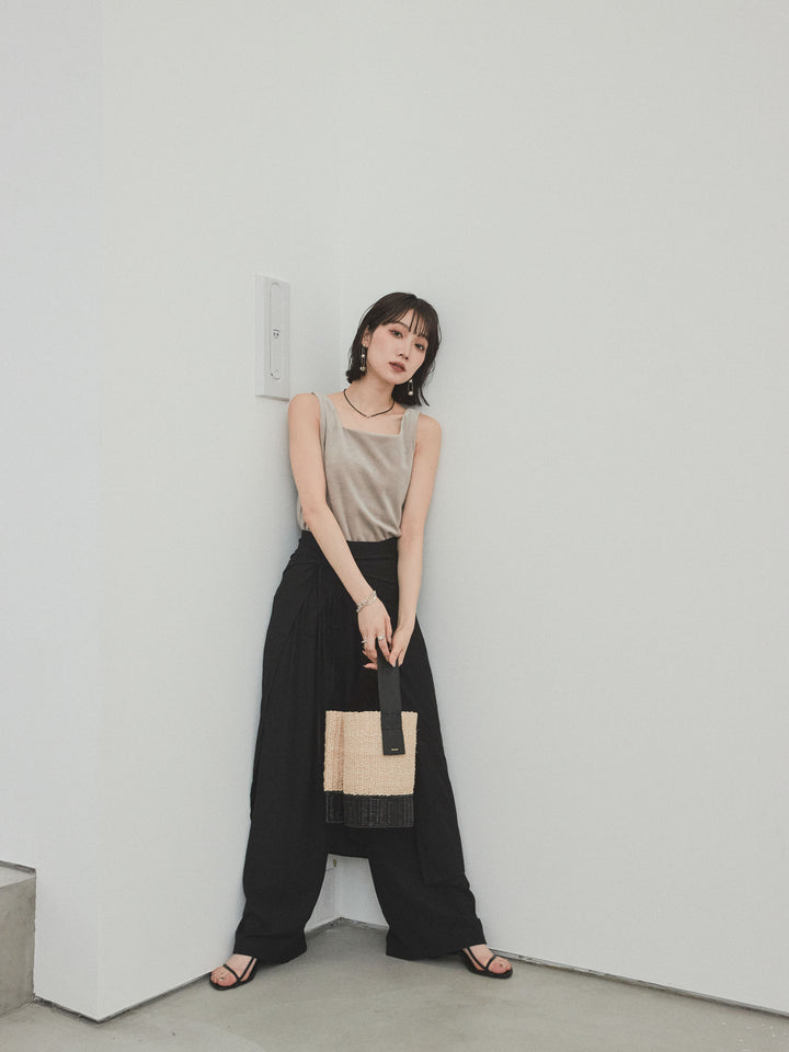 [予約]ワッシャーサテンレイヤードスカートパンツ/ブラック