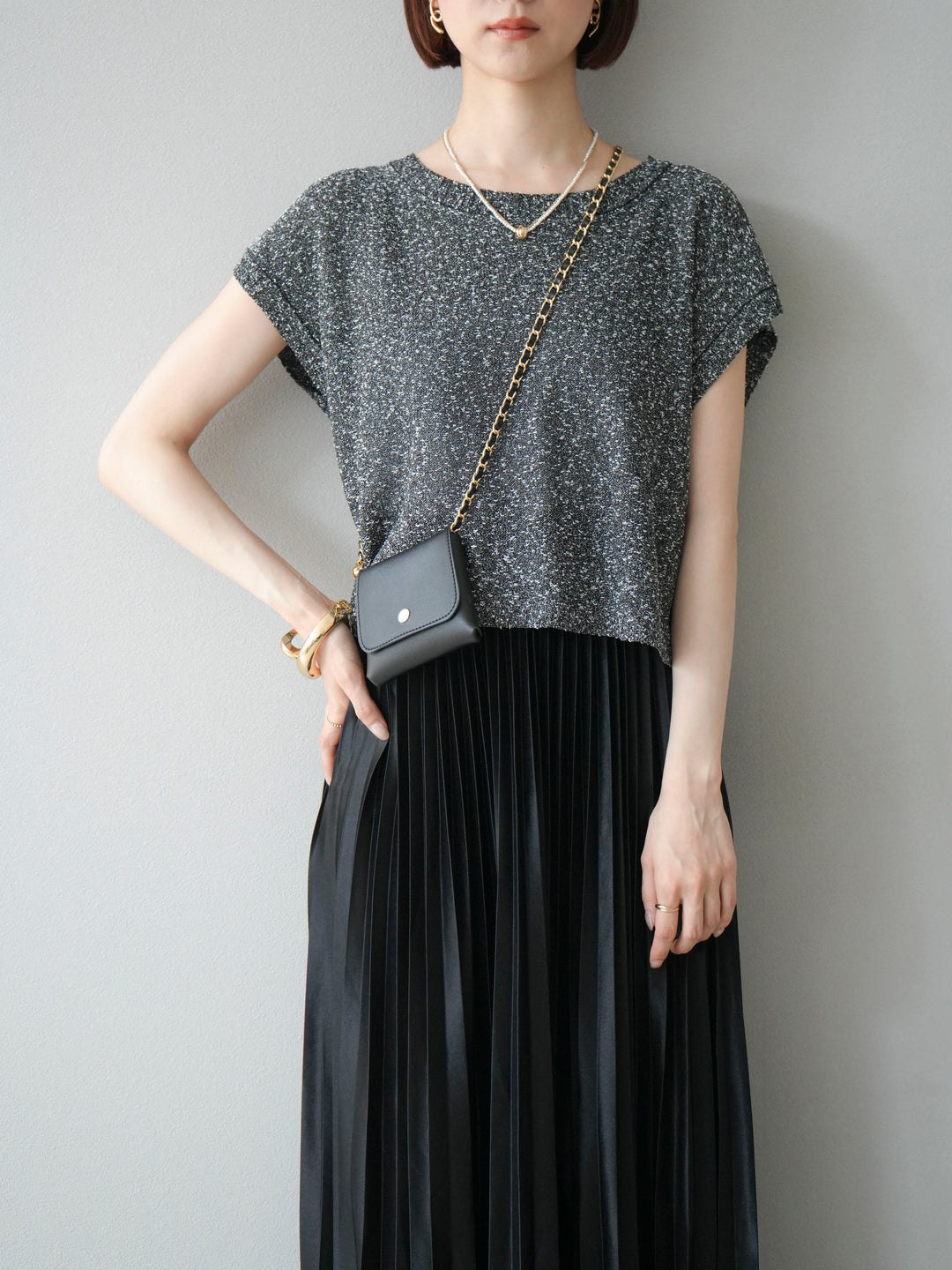 [SET]ネップヤーンクロップドニットベスト+サテンプリーツマキシスカート(2set)