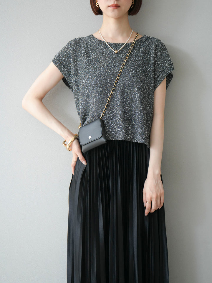 [SET]ネップヤーンクロップドニットベスト+サテンプリーツマキシスカート(2set)