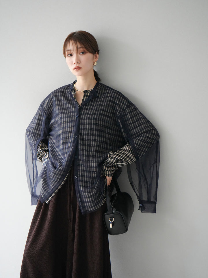 [予約]2WAYスリーブチュールシャツ/ネイビー