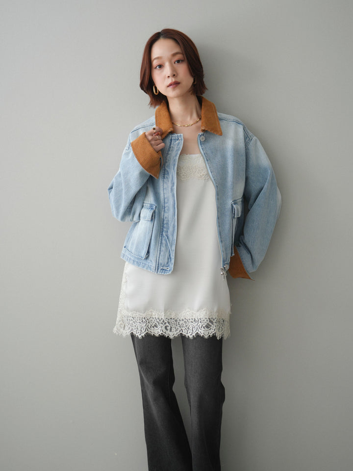 [予約]コーデュロイ×デニムショートカバーオール/bleach