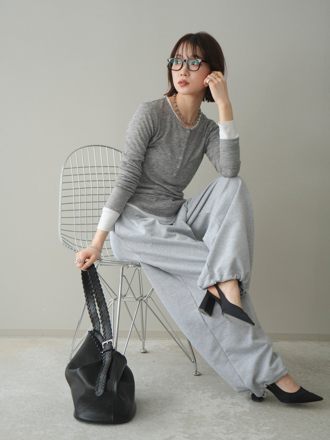 [予約]シアーリブヘンリーネックロンT/gray