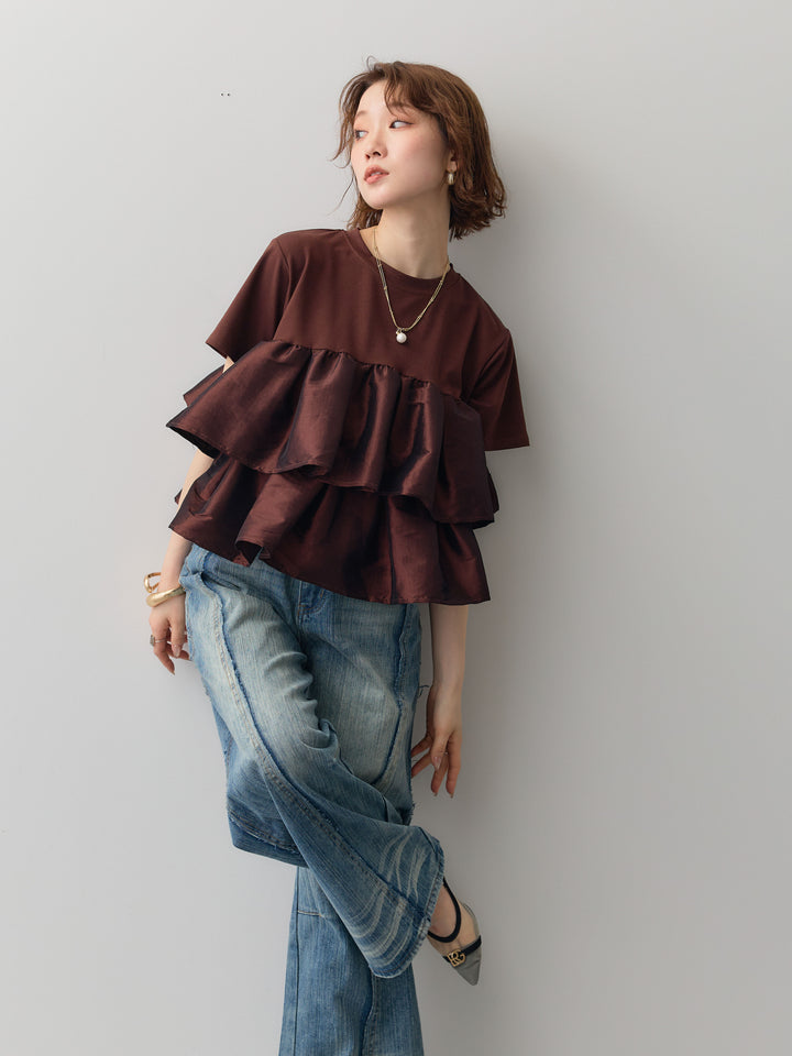 [SET]フリルティアードTEE+縦ウォッシュワイドデニムパンツ(2set)