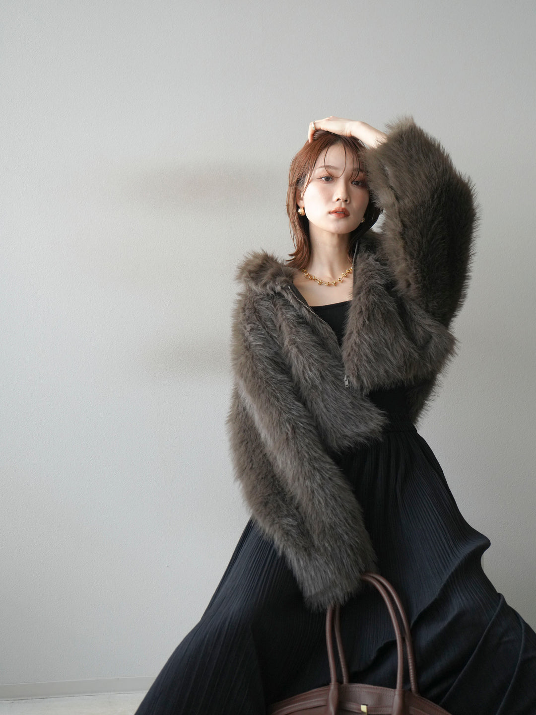 [予約]フェイクファーショートZIPジャケット/brown