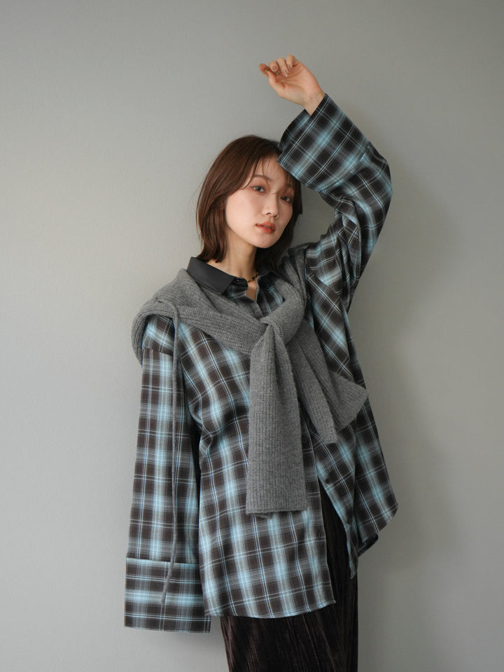 [SET]レザー襟オンブレチェックオーバーシャツ +クラッシュベロアナロースカート(2set)