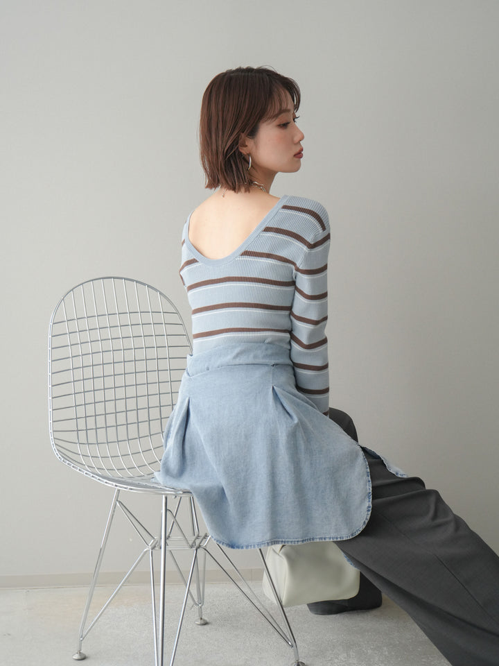 [予約]バックオープンテレコリブマルチボーダートップス/blue