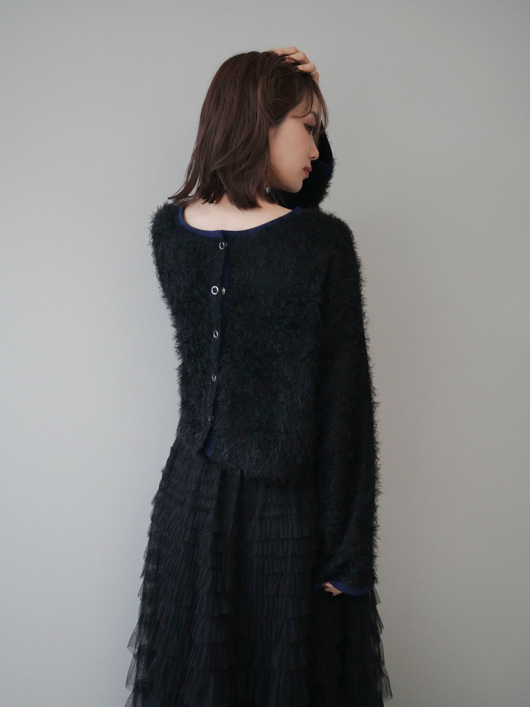 [予約]バイカラー2WAYシャギーニットカーディガン/black