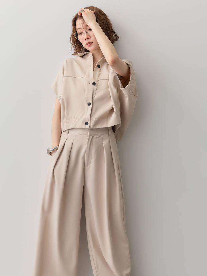 【套裝】縐綢燈籠無袖襯衫 + 縐綢闊腿褲（兩件套）