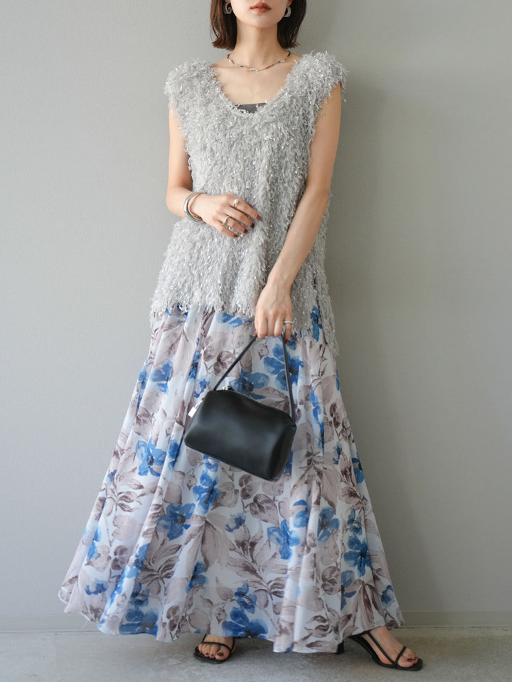 [予約]フラワープリントボリュームフレアスカート/ブルー