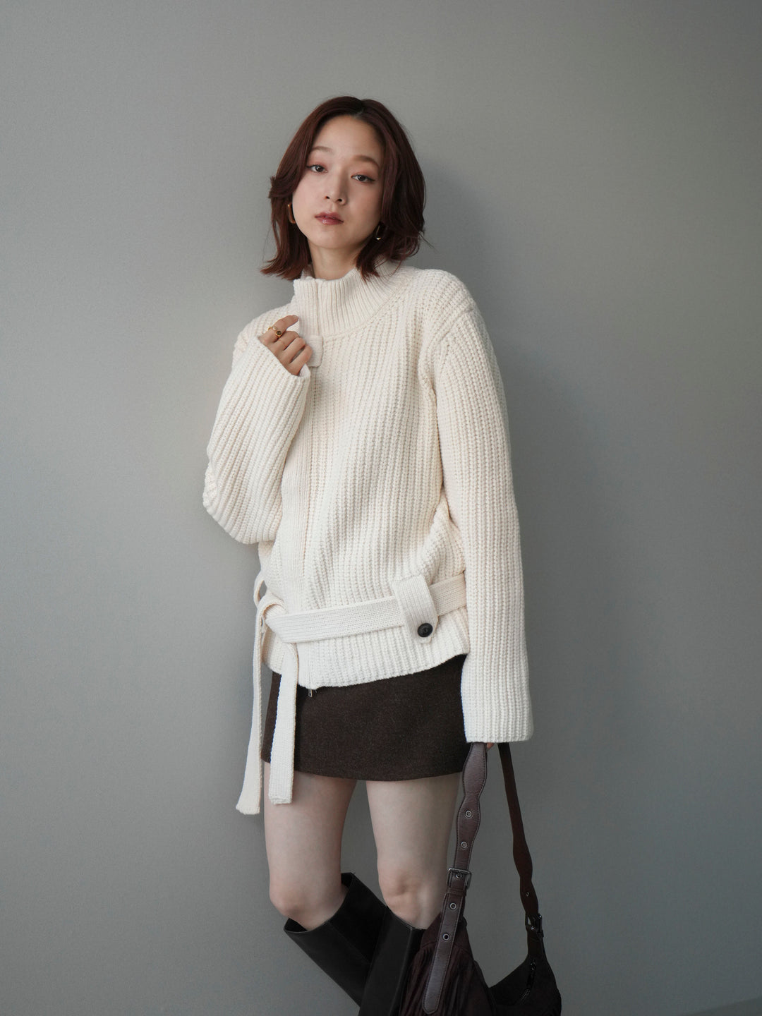 [予約]畦編みボトルネックZIPニットカーディガン/white