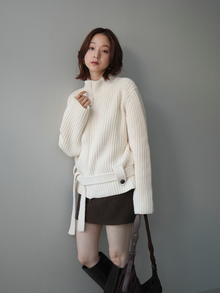[予約]畦編みボトルネックZIPニットカーディガン/white