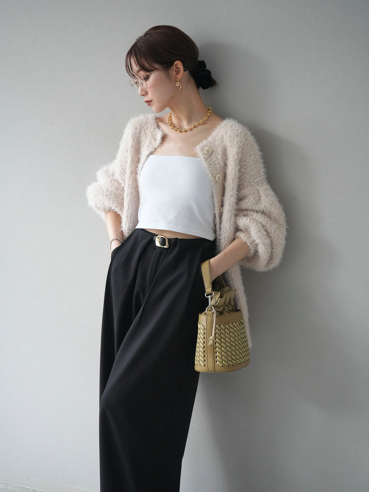 [SET]クルーネックランダムシャギーカーディガン+ベルトループデザインワイドパンツ(2set)