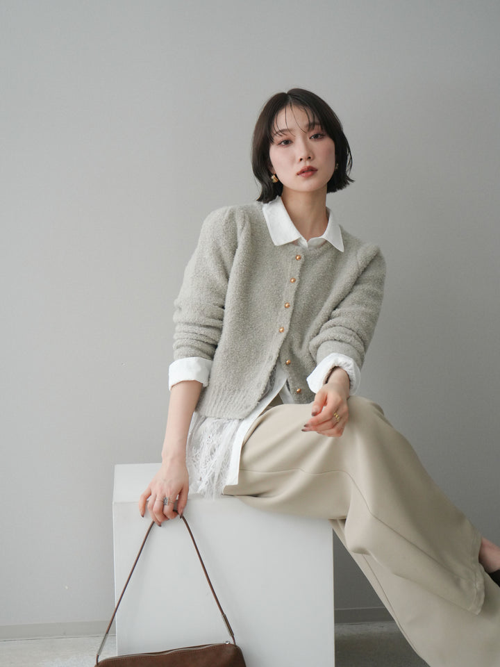 [SET]ゴールドボタンブークレニットカーディガン+総レースボリュームスリーブシャツ(2set)