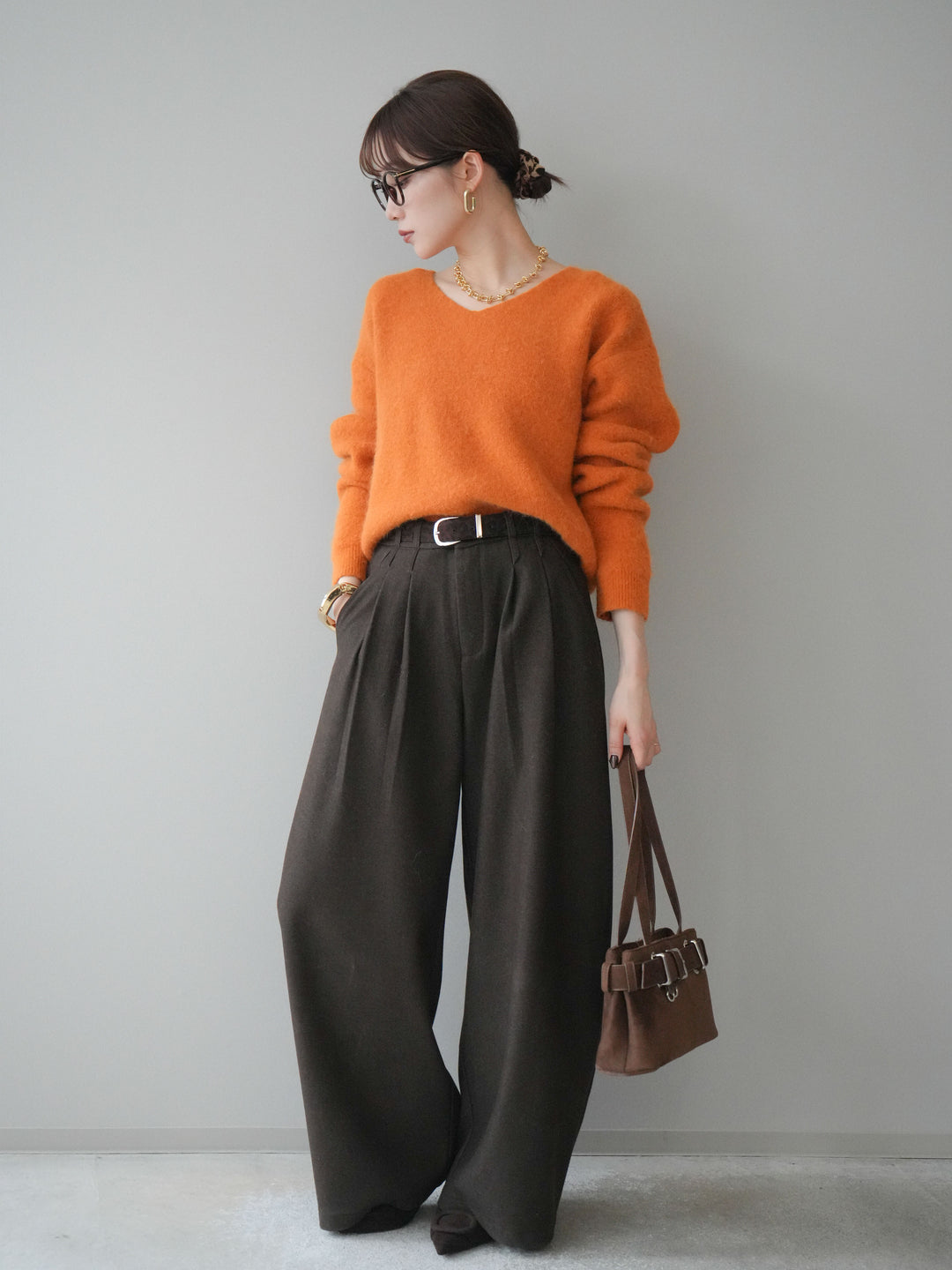 [SET]アニマル柄ベルト付きウールタッチワイドパンツ+アニマル柄ベルト付きウールタッチワイドパンツ(2set)