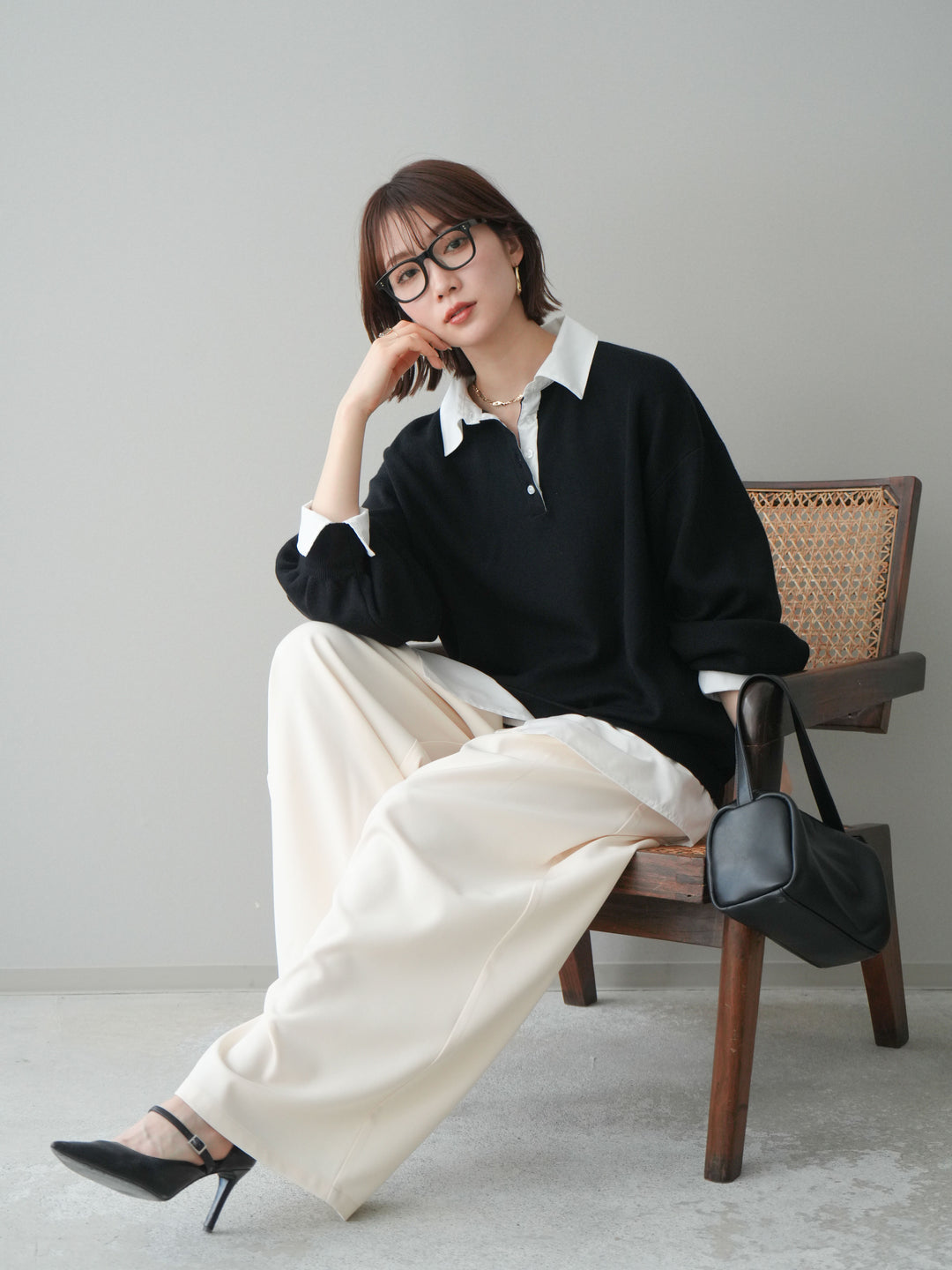 [予約]シャツドッキングオーバーニットプルオーバー/blackoff