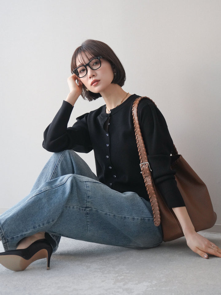 [予約]クリアボタンタックニットカーディガン/black