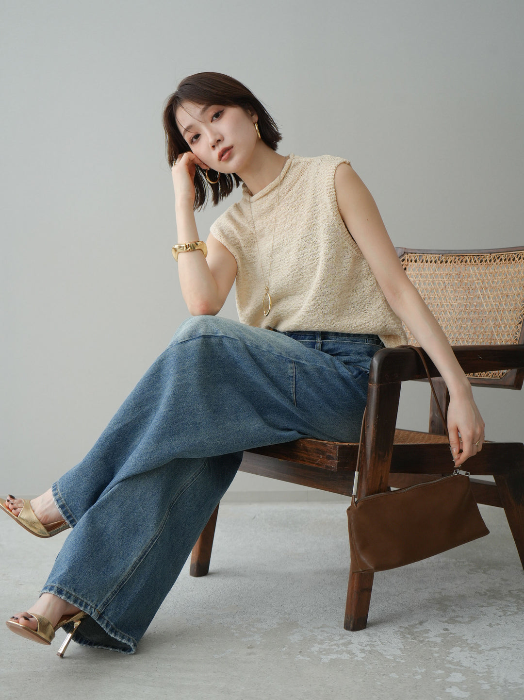 [予約]ノースリーブリネンタッチシアーニットプルオーバー/beige