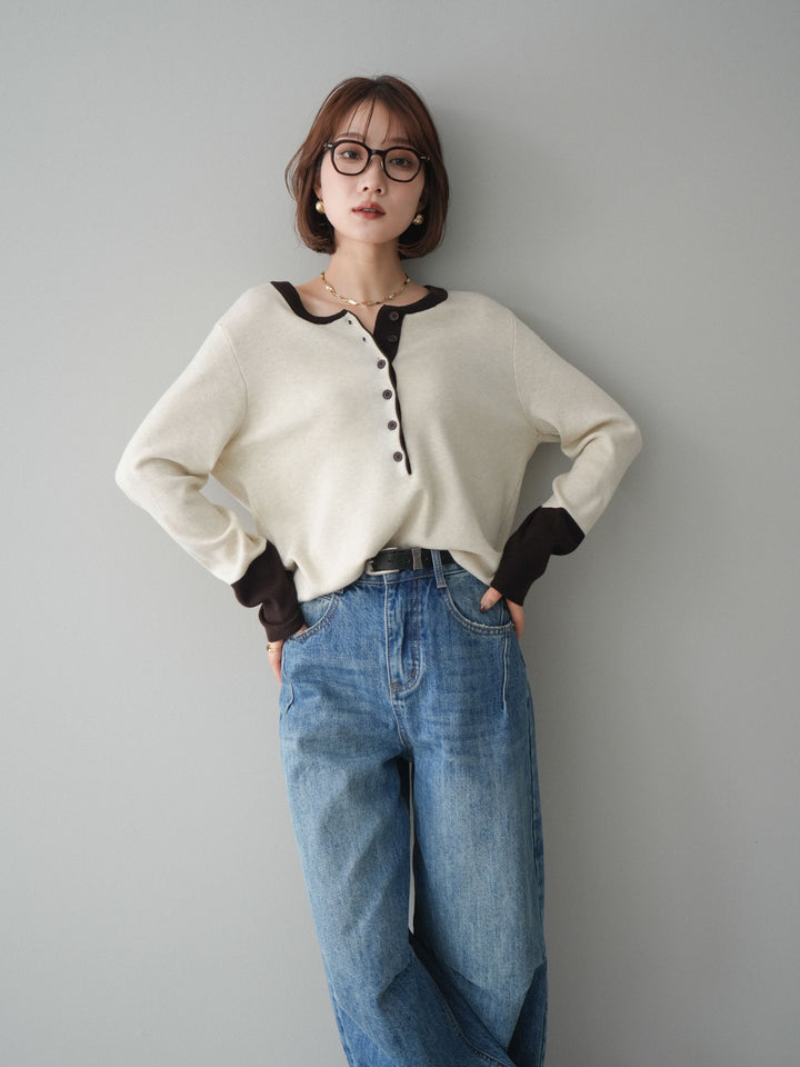 [SET]ヘンリーネック配色ニットソー+選べるアクセセット(2set)