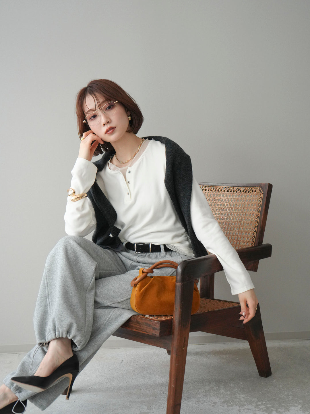 [予約]チュールレイヤードヘンリーネックカットソー/ivory