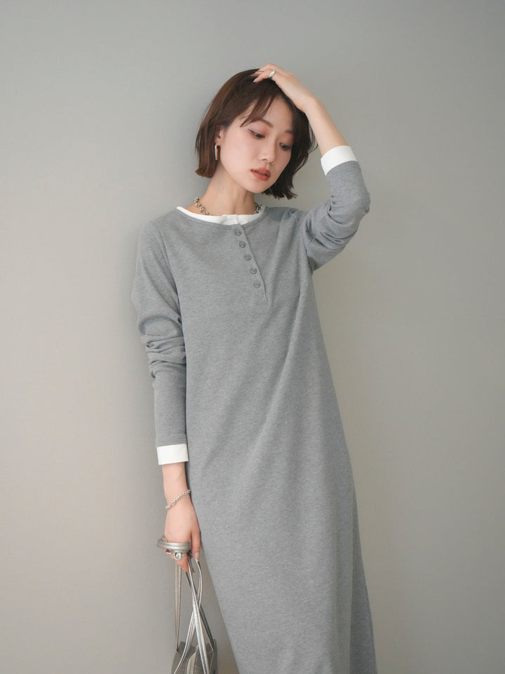 [予約]配色レイヤードヘンリーネックカットリブワンピース/mokugray
