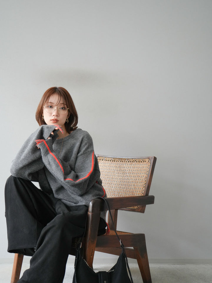 [SET]配色ステッチフリンジニットプルオーバー +スウェードタックワイドパンツ(2set)