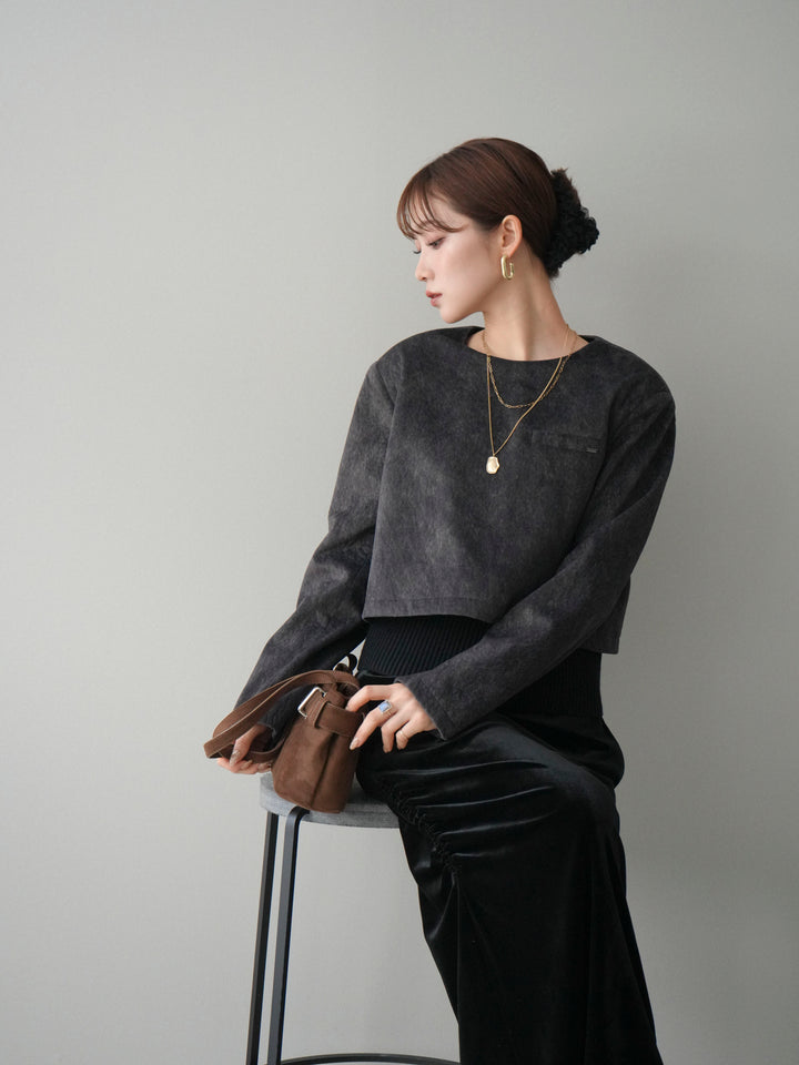 [予約]リブニットレイヤードスエードプルオーバー/charcoal