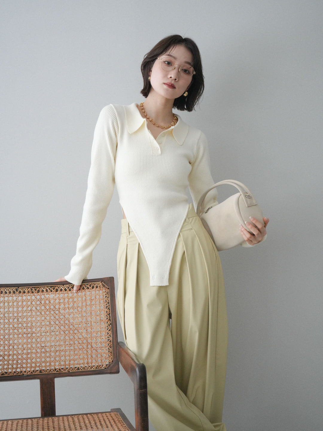 [予約]リブポロニットボディスーツ/ivory