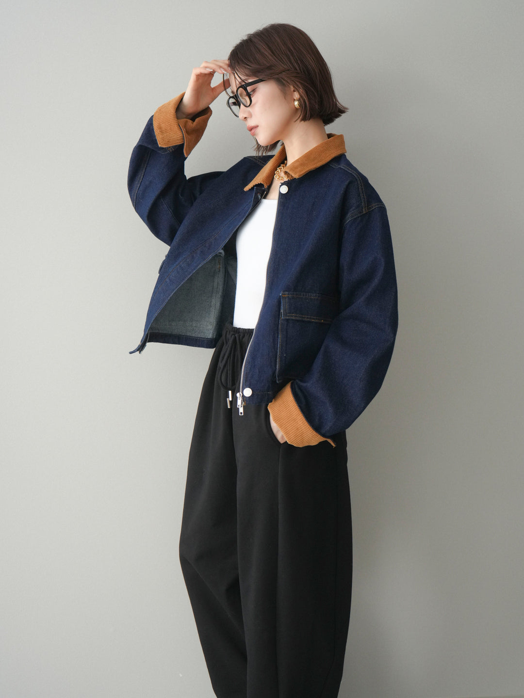 [予約]コーデュロイ×デニムショートカバーオール/indigo